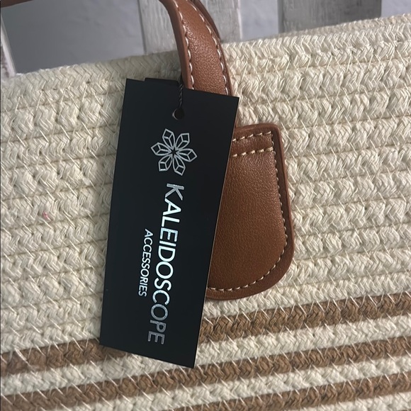 Cream and Brown Striped Tote Bag with Leather Handles - Picture 2 of 8